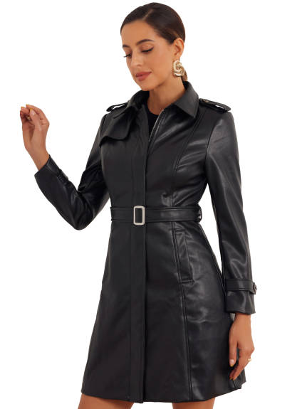 Allegra K- Slim Fit Zip Faux Leather Long Jacket