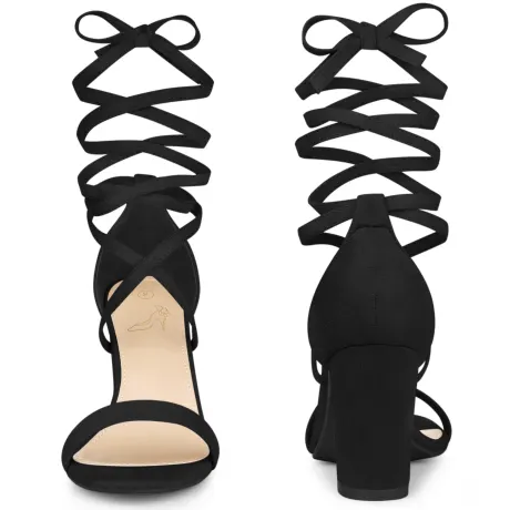 Allegra K - Open Toe Lace Up Tie up Chunky Heeled Sandals