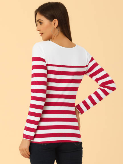 Allegra K- Color Block Long Sleeve Stripe T-Shirt