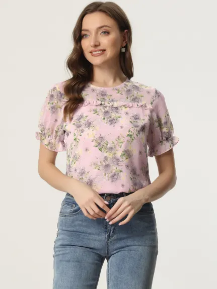 Allegra K- Chiffon Ruffled Trim Floral Blouse