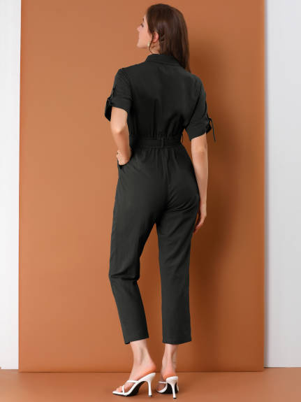 Allegra K- Turndown Collar Button up Tie Waist Cargo Jumpsuit