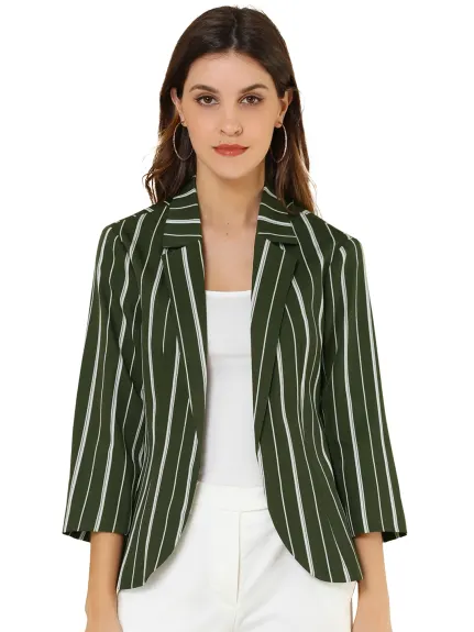 Allegra K- Casual Striped 3/4 Sleeves Open Front Notched Lapel Blazer