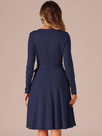 INSPIRE CHIC - Long Sleeve Tie Waist Pleated Business Dress