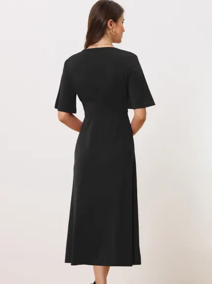 Allegra K- Short Sleeve A Line Swing Fit and Flared Cocktail Midi Dress