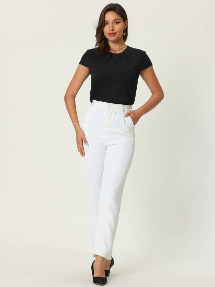 Hobemty- Pleated Neck Cap Sleeve Blouse