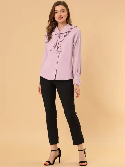 Allegra K- Ruffle Neck Cuff Button Front Shirt