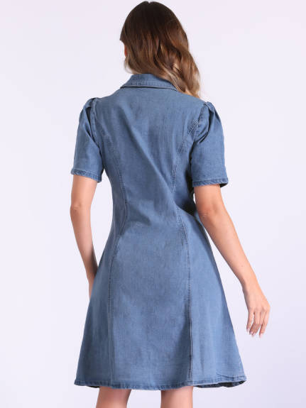 INSPIRE CHIC - Puff Sleeve Button Down Collared Denim Dress