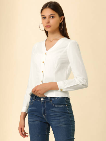 Allegra K - Casual V Neck Full Placket Long Sleeve Shirt