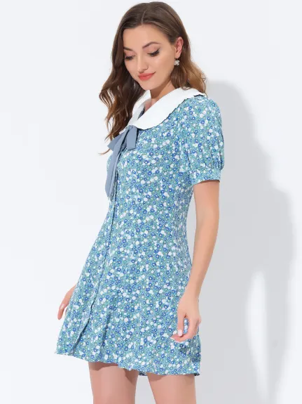 Allegra K- Robe chemise à manches courtes avec nœud papillon et fleurs