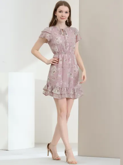 Allegra K- Ruffle Sleeve Self-Tie V Neck A-Line Floral Chiffon Dress