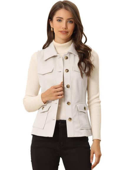 Allegra K- Faux Suede Vest Buttoned Jacket with Cargo Pocket