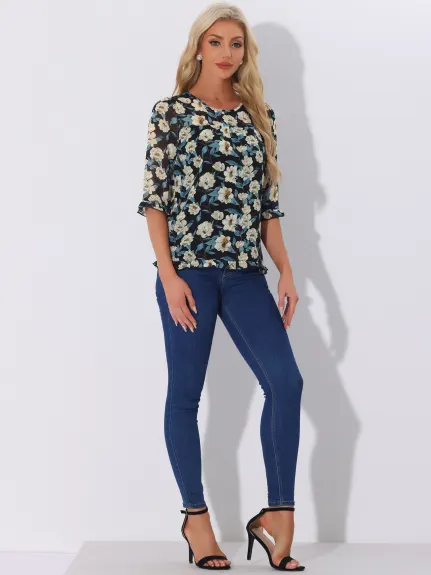 Allegra K- Blouse florale en mousseline à manches 3/4 et à volants