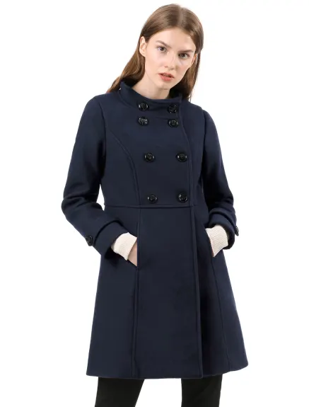 Allegra K- Stand Collar Long Sleeves Double Breasted Coat