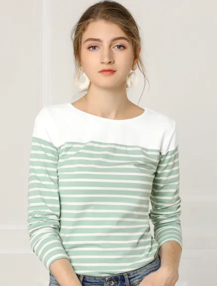 Allegra K- Color Block Long Sleeve Stripe T-Shirt