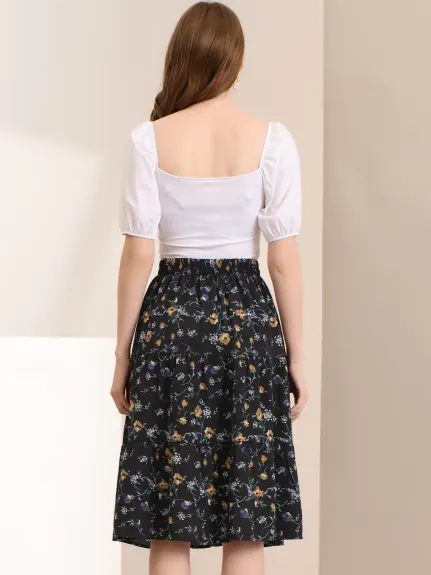 Allegra K- Floral Printed Elastic Waist A-Line Midi Skirt