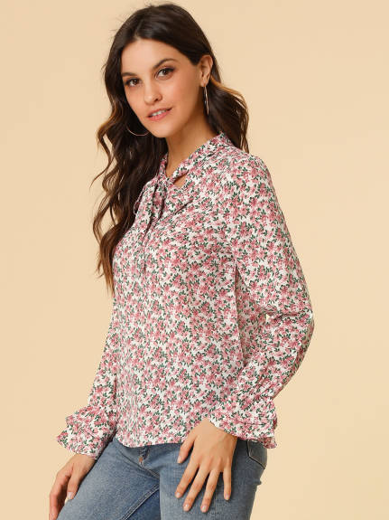 Allegra K- Floral Tie Neck Chiffon Ruffle Blouse