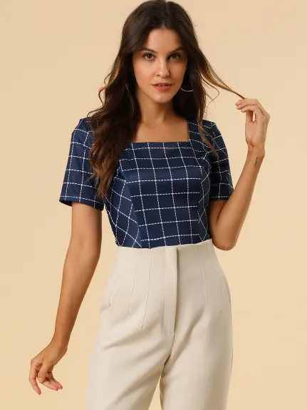 Allegra K- Square Neck Plaid Short Sleeve Blouse