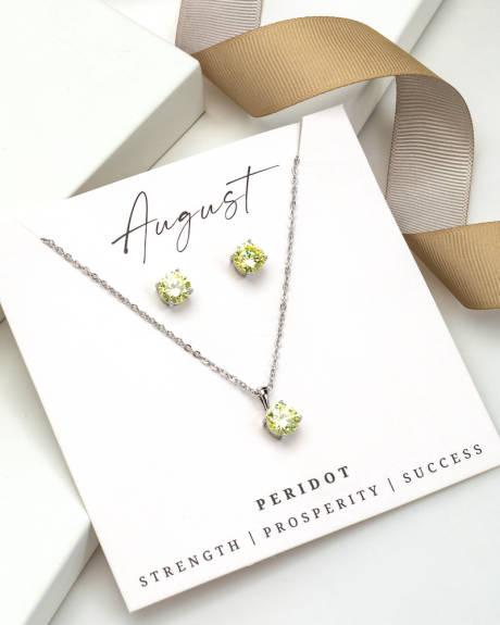 Silvertone August Peridot Birthstone CZ Earring & Necklace Set