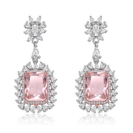 Genevive Sterling Silver White Gold Plated with Morganite Cubic Zirconia Halo Dangle Earrings