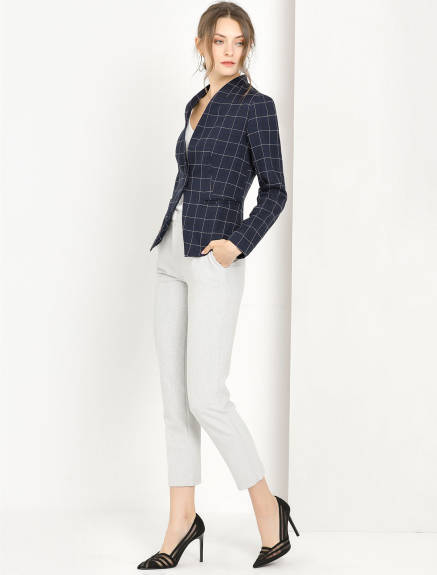 Allegra K- Single Button Stand Collar Plaid Blazer