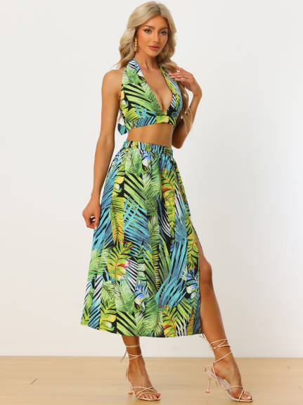 Allegra K- Tropical 2 Piece Tie Backless Halter Crop Top with Split Thigh Skirt Set