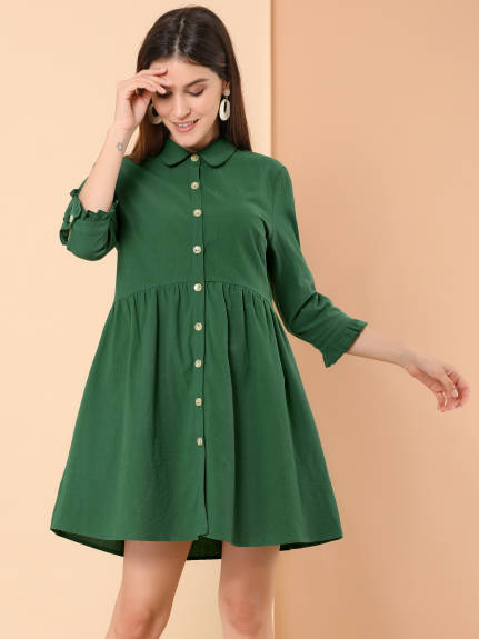 Allegra K- 3/4 Sleeve Button Up Flare Shirt Dress