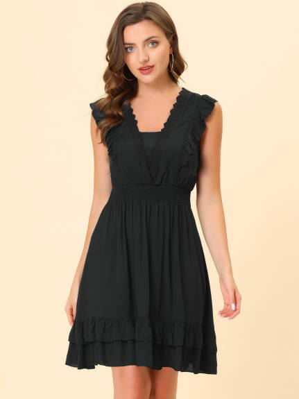 Allegra K- Sleeveless V Neck Lace Trim Ruffled Dress