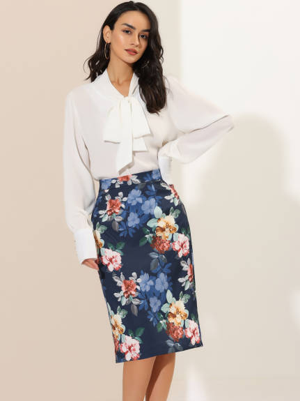 Allegra K- Back Slit Floral Knee Length Pencil Skirt