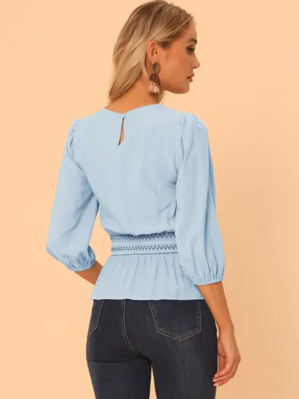 Allegra K- Peplum 3/4 Sleeve Smocked Waist Blouse