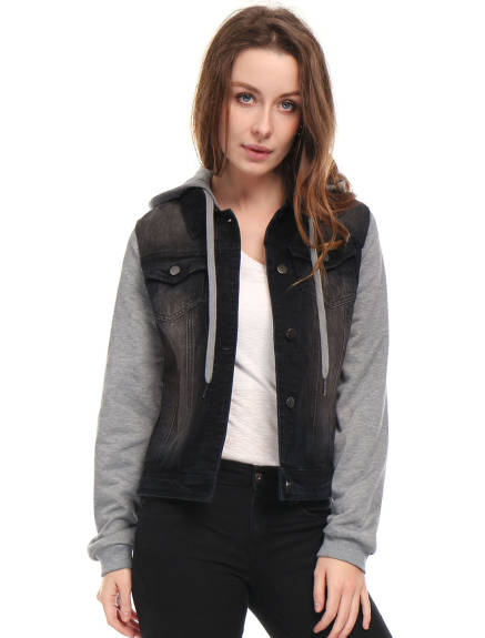 Allegra K- Drawstring Hood Denim Jean Jacket