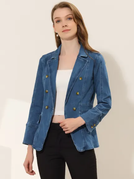 Allegra K- Veste en jean boutonnée à revers cranté avec poches