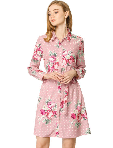 Allegra K- Lapel Button Down Belted Floral Shirt Dress