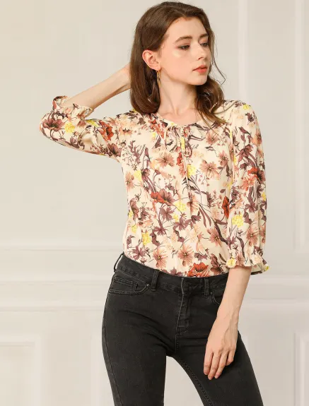 Allegra K- Tie V Neck Ruffled 3/4 Sleeve Floral Blouse