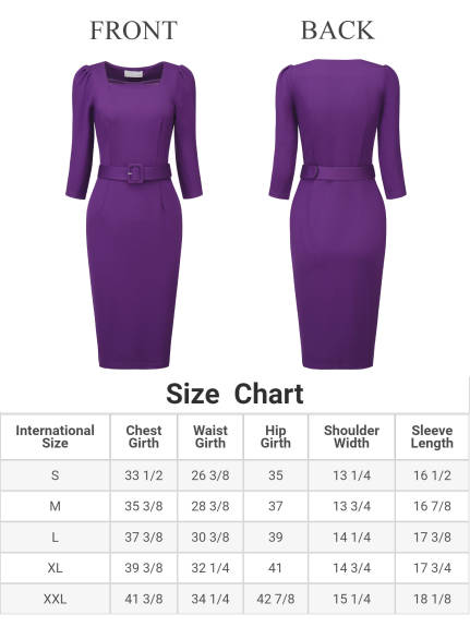 Hobemty- Square Neck Puff Sleeve Belted Pencil Dress