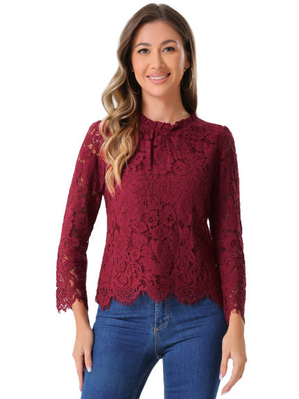 Allegra K- Ruffle Round Neck Long Sleeve Lace Floral Blouse