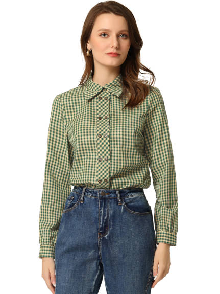 Allegra K- Plaid Point Collar Long Sleeve Double Breasted Shirt