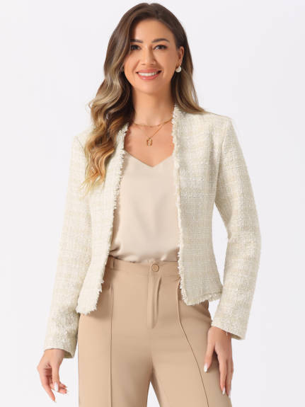 Allegra K - Long Sleeve Plaid Tweed Short Blazer