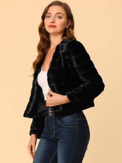 Allegra K- Cropped Collarless Faux Fur Fluffy Coat Jacket