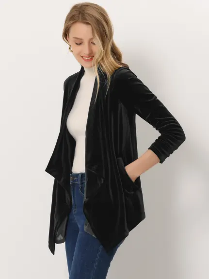 Allegra K- Shawl Collar Open Front Pockets Velvet Cardigan