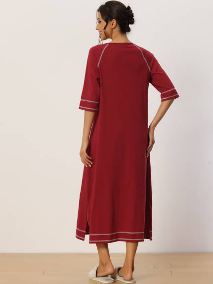 cheibear - Zipper Long Sleeve Midi Nightgown with Pockets