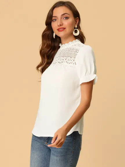 Allegra K- Lace Crochet Front Puff Sleeve Stand Collar Blouse