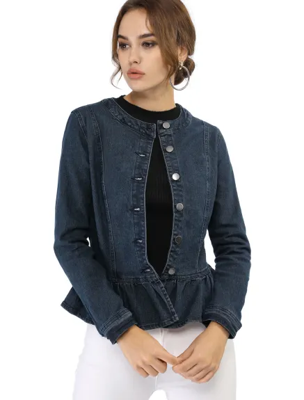 Allegra K - Veste en jean délavée courte à ourlet volanté