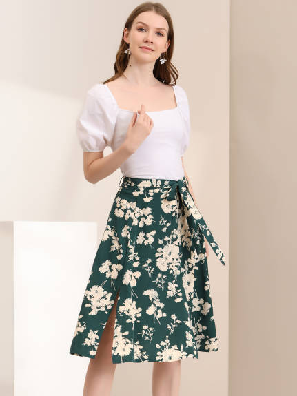 Allegra K- Slit Floral Belted A-Line Midi Skirt