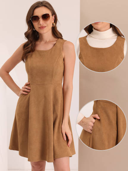 Allegra K - Sleeveless Faux Suede Pinafore Overall Dress