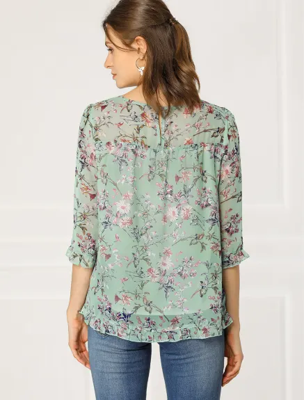 Allegra K- Floral Ruffled 3/4 Sleeve Chiffon Blouse