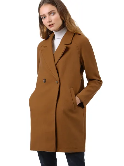 Allegra K- Double Breasted Lapel Raglan Sleeve Mid Length Overcoat