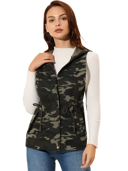 Allegra K- Camo Drawstring Waist Hooded Jacket Cargo Vest