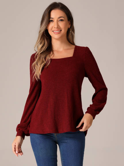 Allegra K - Square Neck Ribbed Knit Long Sleeve Top