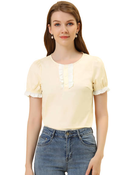 Allegra K- Puff Sleeve Crew Neck Casual Lace Trim Cotton Top