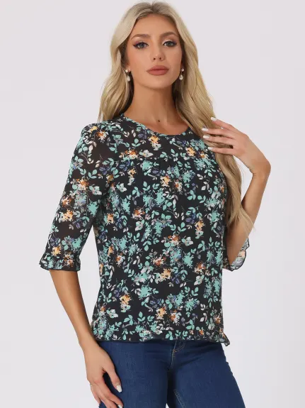 Allegra K- Blouse florale en mousseline à manches 3/4 et à volants